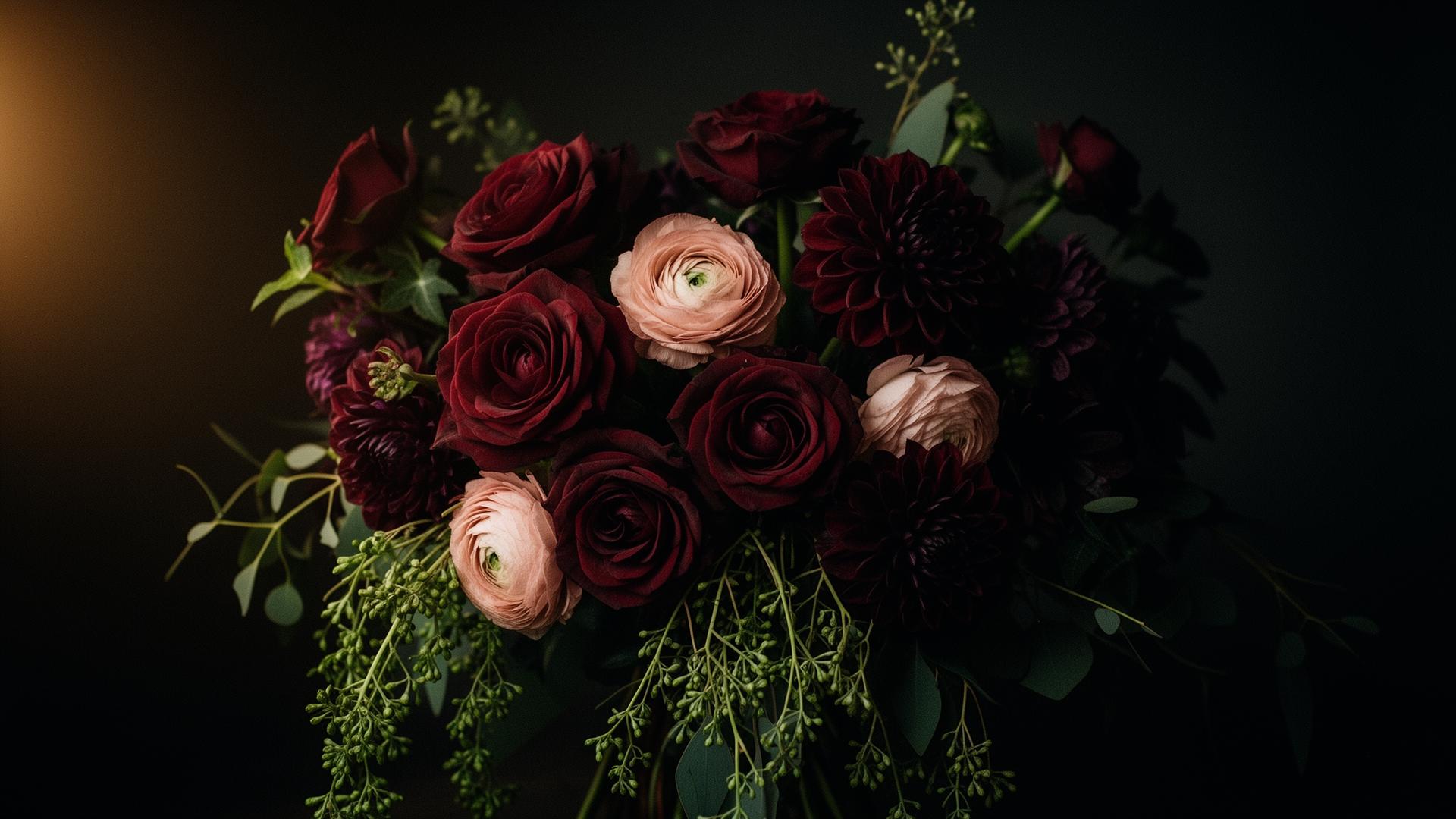 Bouquet of garden roses and ranunculus on a wooden table